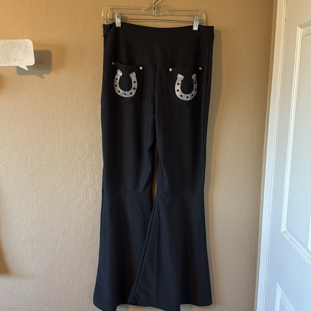 Spirit Women’s Bell Bottoms Black Pants Embroidery On Hem Large - Picture 6 of 14